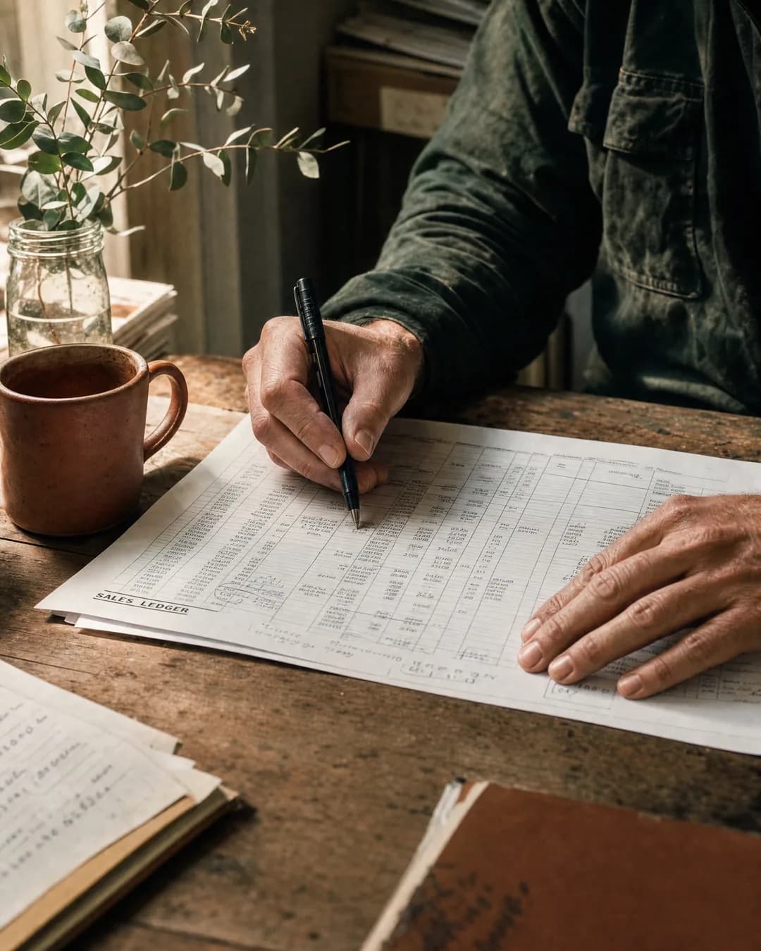 A business owner annotating a printed ledger at a timber desk in afternoon light.